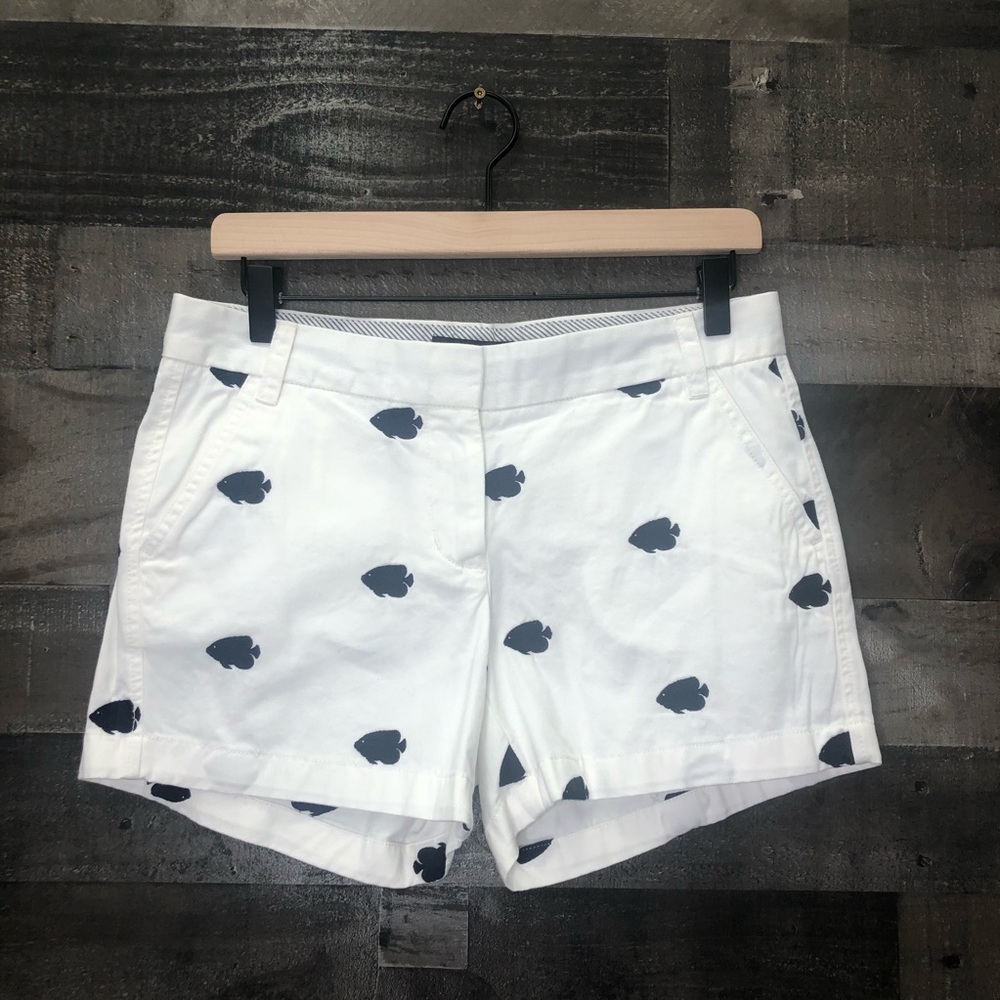 NWT J.Crew White Chino Shorts Embroidered Navy Fish